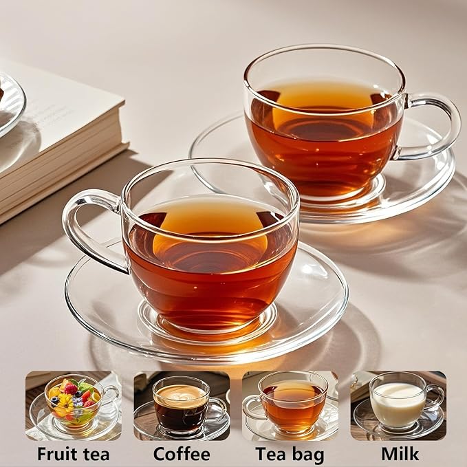 7oz Glass Tea Cups and Saucers, 6 Pack Clear Teacup and Saucer Set, Glass Tea - Image 4