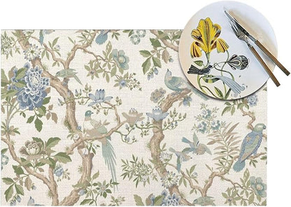 Chinoiserie Floral Place mats Set of 4, 12x18 Inches Green Blue Birds Flower Decorative Placemats Rectangle Floral Table Mats for Party Home Kitchen Dining Table Decoration