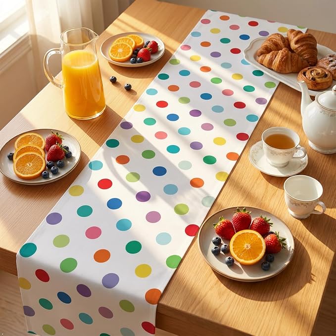 Colorful Polka Dot Table Runner, 13x48 Inch Rainbow Dot Dining Table Decor | - Image 6