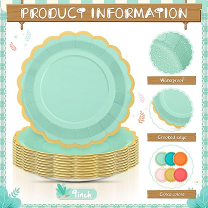 96 Pcs Colorful Coral Paper Plates 9 Inch Pastel Rainbow Scalloped Paper Plates Disposable Dinner Dessert for Birthday Wedding Bridal Party Supplies, 6 Colors