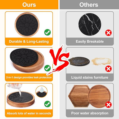 5 Pcs Best Wooden Coasters Non-Slip, Non-Stick, 4 Inches Black - Gtencemen Acacia Wood Coaster Set Absorbent Coasters for Drinks, Coffee Bar, Kinds of Cups, Rustic Farmhouse, Dining Room Table Decor
