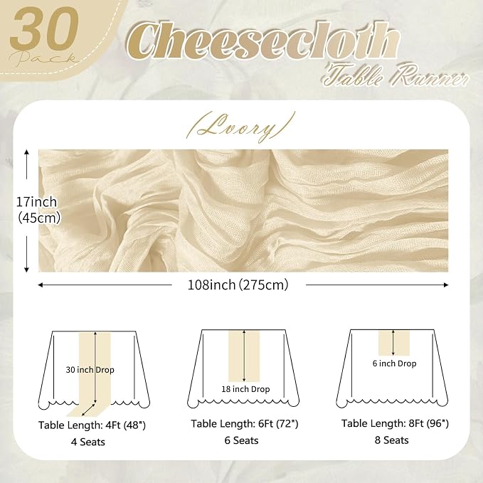 30 Pack Ivory Cheesecloth Table Runner 17 x 108 inch Cheese Cloth Table Runners - Image 2