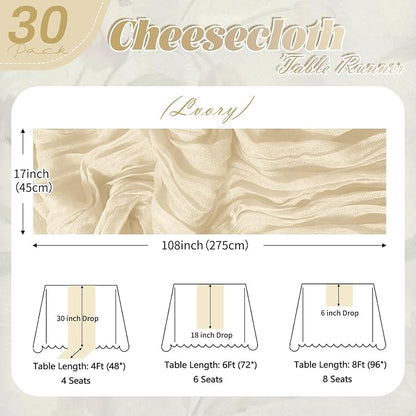 30 Pack Ivory Cheesecloth Table Runner 17 x 108 inch Cheese Cloth Table Runners - Image 2