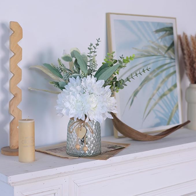 Faux Flowers with Vase,Artificial Silk Flowers in Vase, Fake Plant Eucalyptus and Willow,Flower Arrangement for Home Farmhouse kitchen Dining Table Centerpiece Decorations Coffee Table Decor (White)