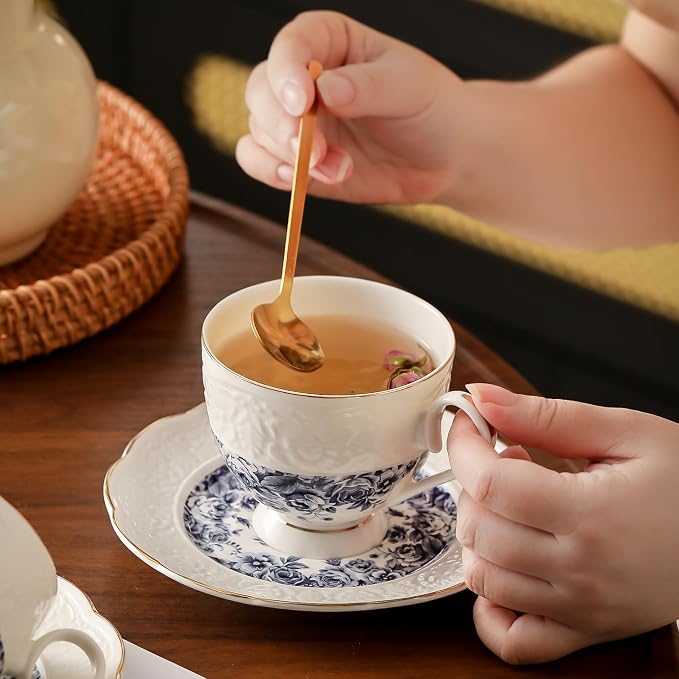 TATSUMI Interglio Embossed Bone China Tea Cup and Saucer Set, 3 Pieces Vintage - Image 4