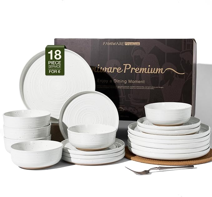 Stoneware Dinnerware Sets for 6, Plates and Bowls, Chip & Scratch Resistant by FamiwarePremium