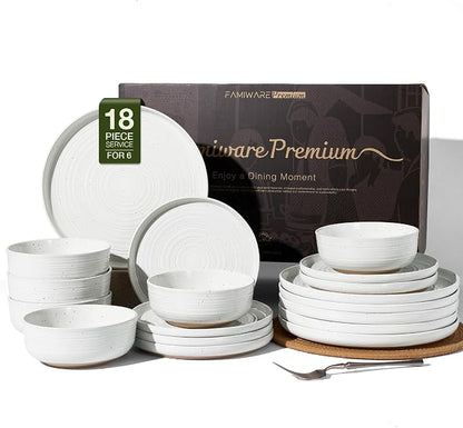 Stoneware Dinnerware Sets for 6, Plates and Bowls, Chip & Scratch Resistant by FamiwarePremium