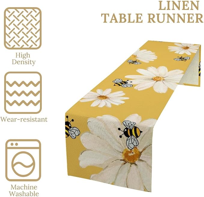 Daisy Flower Table Runner, Summer Spring Seasonal Watercolor Wildflower Yellow - Image 3