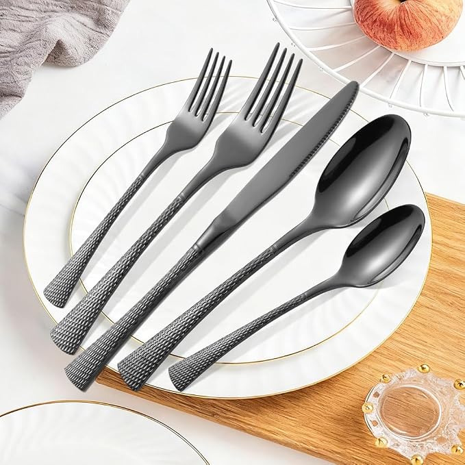 Hammered Black Silverware Set, 20 Piece Modern Flatware Set Service - Image 2