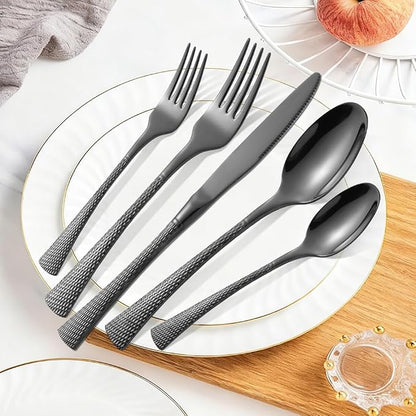 Hammered Black Silverware Set, 20 Piece Modern Flatware Set Service - Image 2
