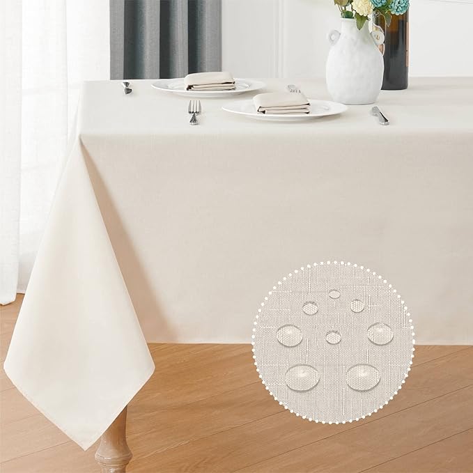 Rectangle Tablecloth 52x70 inch Linen Textured Waterproof Table Cloth Stain and Wrinkle Resistant Washable, Decorative Fabric Table Cover for Outdoor and Indoor Use, Ivory