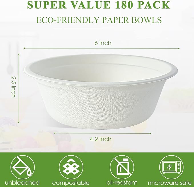 Vplus 180 Pack 16 OZ Compostable Paper Bowls, Bagasse Bowls，White | Disposable - Image 3