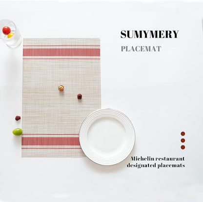 Placemats Set of 8 Vinyl/Plastic Woven Place Mats for Kitchen Table Indoor/Outdoor Washable Placemat Wipeable Dining Table Mats (Khaki Red,8)