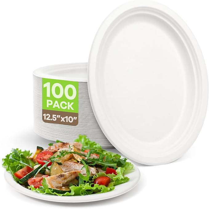 Disposable Oval Paper Plates, Compostable Heavy Duty Bagasse Platters by FEHHTOEco-friendlyLiving