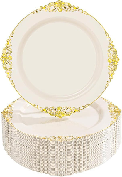 Nervure 100Pcs 10.25'' Ivory Plastic Plates, Party Plates by Nervure
