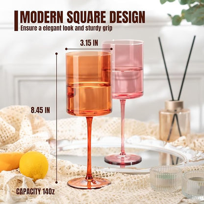 Chouggo Colored Square Wine Glasses Set of 6, Hand Blown Long Stem Premium Crystal White Red Wine Glass, Great Gifts for Wife & Mom, Wedding, Anniversary, Christmas, Birthday