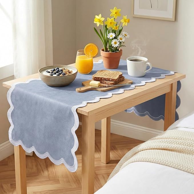 Small Dusty Blue Table Runner 15x36 Inch, Vintage Scalloped Coffee Table Cover - Image 5