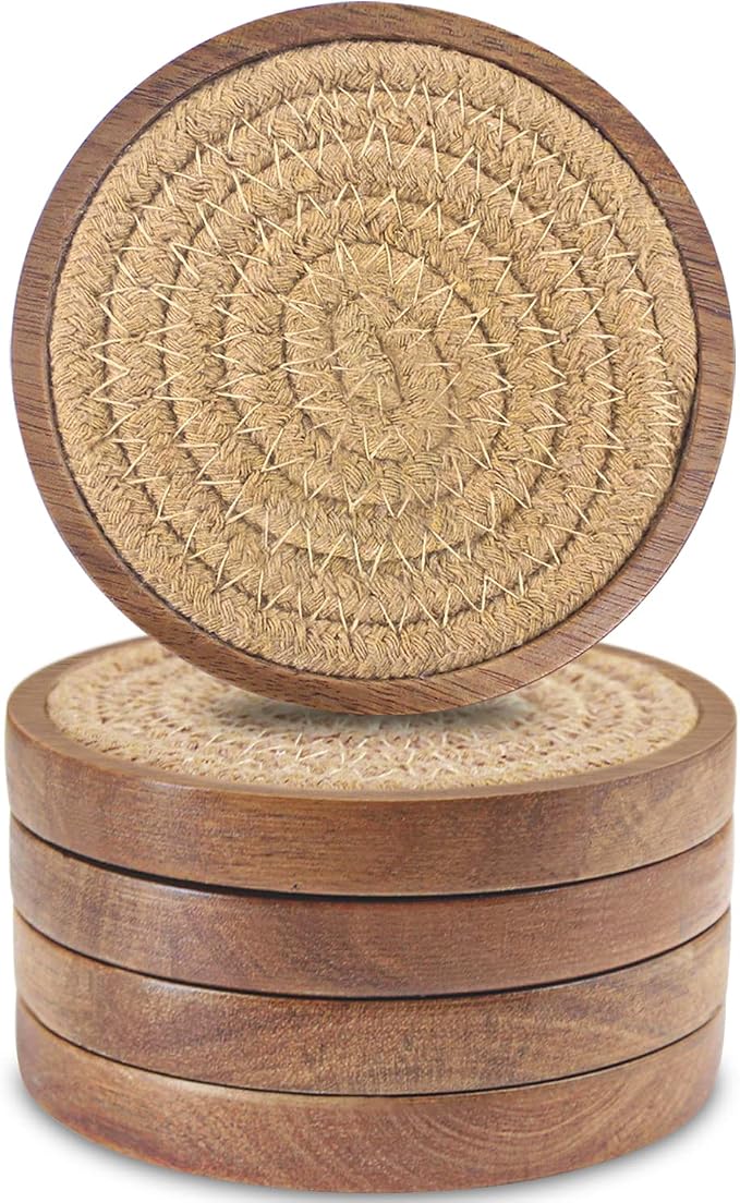 Wood Coasters for Drinks, Eykao Absorbent Coaster Sets of 5, Woven Drink by Eykao