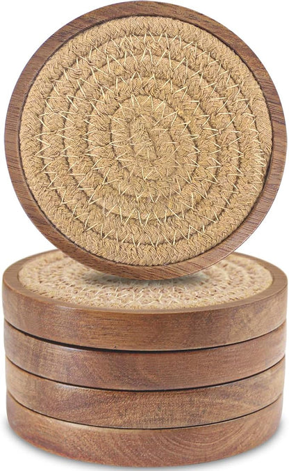 Wood Coasters for Drinks, Eykao Absorbent Coaster Sets of 5, Woven Drink by Eykao