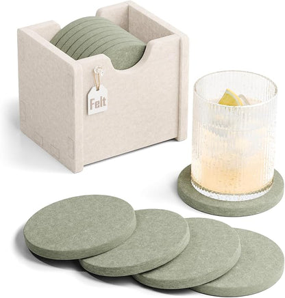 Fluxynara Felt Coasters with Holder, Sage | Round Felt Coasters, Heat-Resistant by FLUXYNARA