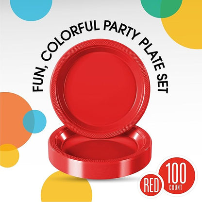 Red Plastic Plates For Party 7" Red Disposable Plates Heavy Duty 100 Pcs Plastic Dinnerware Sets Heavy Duty 350 GSM Disposable Dinnerware Set