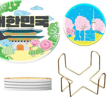 Cute Coasters Set of 4, Korean Home Decor,Traditional Palace and Seoul Tower Theme, Cute Style Coaster for Coffee Table, 4.25 Inches, Coasters with Gold Holder, Doggie, Chipmunk
