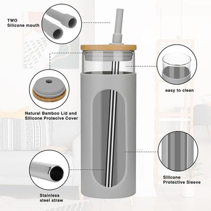 Tronco 22oz Glass Tumbler with Bamboo Lid and Straw, Glass Cup For Boba,Iced Coffee,Smoothie, Spill Proof Glass Water Bottle With Silicone Protective Sleeve, Dishwasher Safe,BPA Free