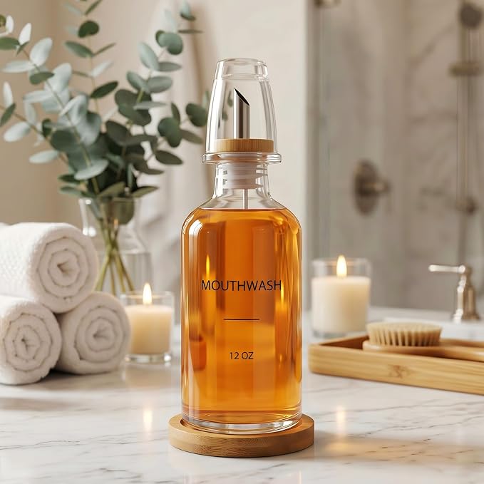 Glass Mouthwash Dispenser for Bathroom, Stainless Steel & Bamboo Nozzle - Image 5