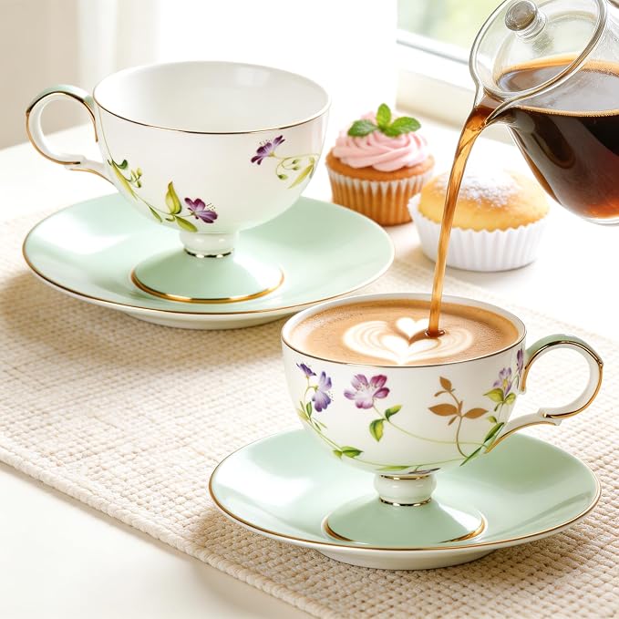KAMMAK Tea Cups Set of 2, Ceramic Floral Pattern Demitasse Cup | Porcelain - Image 7