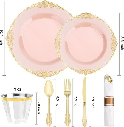 350 PCS Pink and Gold Plastic Plates, Plastic Dinnerware Set for 50 Guests, 100 Disposable Plates, 150 Silverwares, 50 Cups, 50 Napkins for Party, Wedding, Graduation