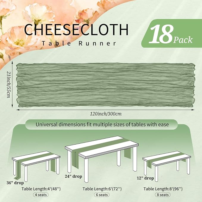 18 Pack Cheesecloth Table Runner 10FT Sage Green Table Runner Boho Gauze Cheese - Image 2