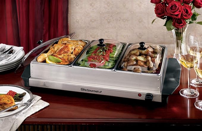 Elite Gourmet EWM-6171 Triple 3 x 2.5 Qt. Trays, Buffet Server, Food Warmer Temperature Control, Clear Slotted Lids, Perfect for Parties, Entertaining & Holidays, 7.5 Qt Total, Stainless Steel