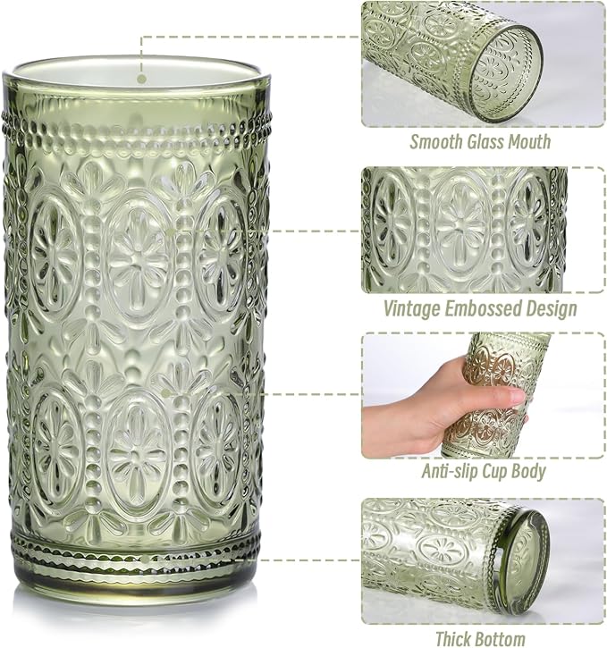 abrwyy Green Glassware, Vintage Drinking Glasses, 12oz Highball Glasses | - Image 3