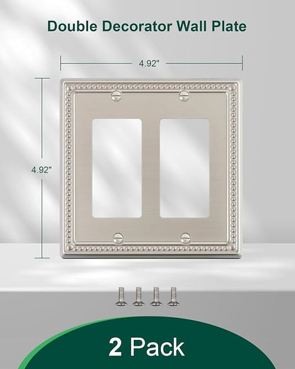 2-Pack Double Decorator Outlet Cover Plate, Pearls Decorative Switch Plates and Outlet Covers, 2 Gang Brushed Nickel Metal Wall Plates, Corrosion Resistant