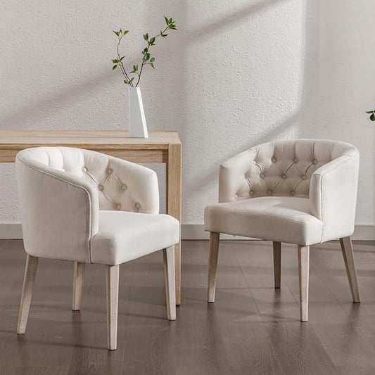 Mid-Century Dining Chairs Set of 2, Tufted Upholstered Linen Dining Room Chairs Comfy Side Chair Armchair Guest Chair with Wooden Legs for Dining Room Living Room, Beige