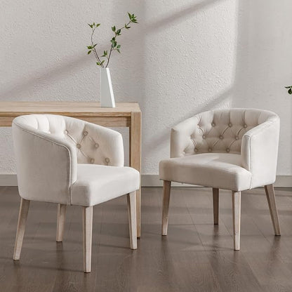 Mid-Century Dining Chairs Set of 6, Tufted Upholstered Linen Dining Room Chairs Comfy Side Chair Armchair Guest Chair with Wooden Legs for Dining Room Living Room, Beige