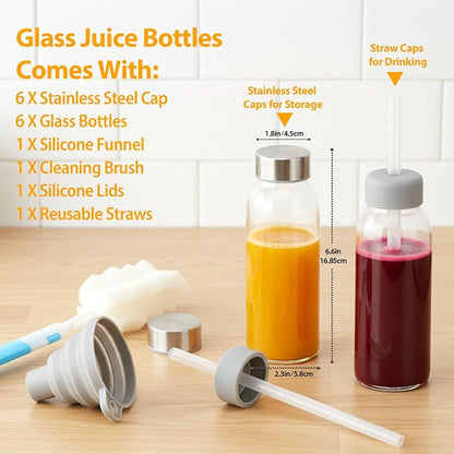 Sursip 10 oz Glass Juice Bottles, 6 Pack, Leakproof Stainless Lids | Reusable - Image 2