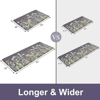 KIMODE Anti Fatigue Kitchen Mats for Floor, 20"x47"+20"x32" Farmhouse Kitchen Rugs Sets of 2, Padded Kitchen Floor Mats, Comfort Standing Mats for Sink, Laundry, Office, Desk Dark Grey/Purple