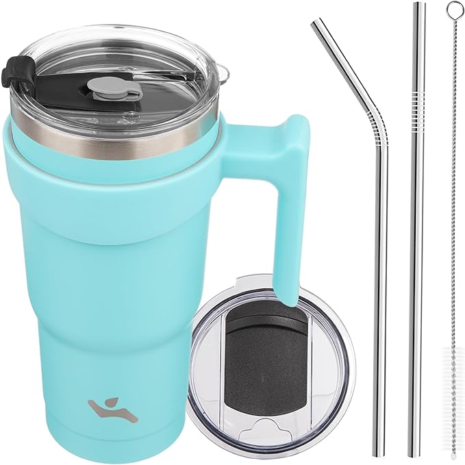Konokyo 20 oz Tumbler with Handle and Straw, Insulated Travel Mug | Turquoise; by Konokyo