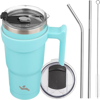 Konokyo 20 oz Tumbler with Handle and Straw, Insulated Travel Mug | Turquoise; by Konokyo