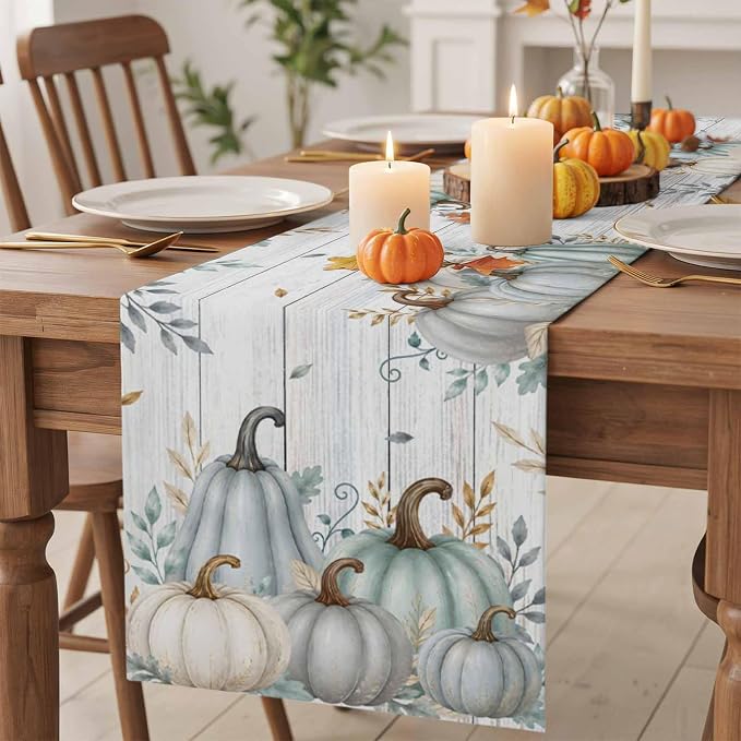 Gray Green Pumpkin Fall Table Runner 72 Inches Long, Thanksgiving Table Runners - Image 2
