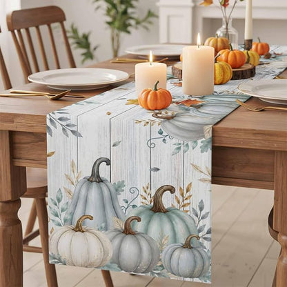 Gray Green Pumpkin Fall Table Runner 72 Inches Long, Thanksgiving Table Runners - Image 2