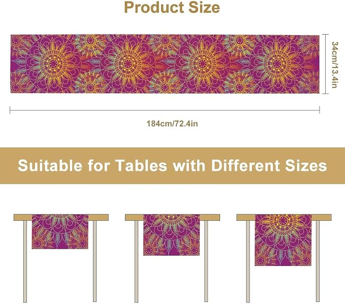 YCness Mandala Table Runner Abstract Colorful Modern Art Golden Purple Kitchen - Image 2