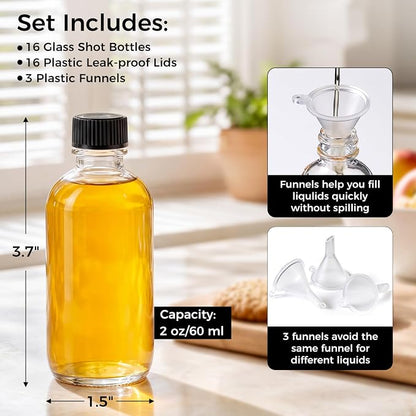 AOZITA 16 Pack, 2 oz Small Clear Glass Bottles w/Lid & 3 Funnels - 60ml Boston - Image 5
