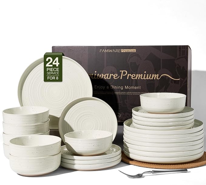 Stoneware Dinnerware Sets for 8, Plates and Bowls, Cream | 24-Piece Ceramic by FamiwarePremium