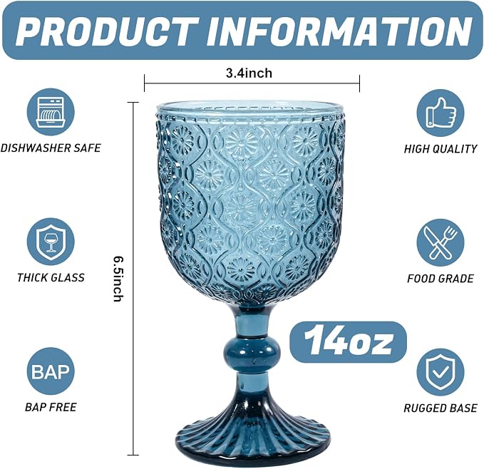 CHLJAR Colored Wine Glass Goblet Set of 6, 14 oz Blue Goblets Glassware - Image 2