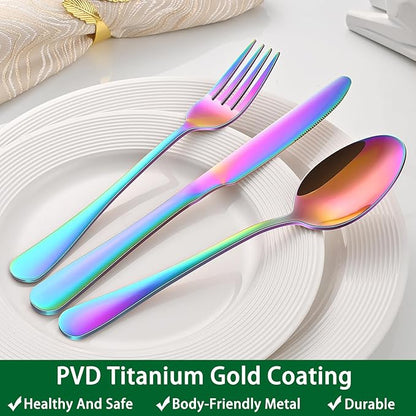 Colorful Rainbow 30 Pieces Silverware Sets Service For 6,Colored Flatware Sets Contains Knife And Fork Spoons Eating Utensils Sets For Kitchen Tableware