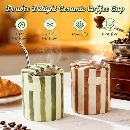 Retro Ceramic Coffee Mug with Sip Hole, Handmade Cute Espresso Cup 10oz | Hand - Image 4