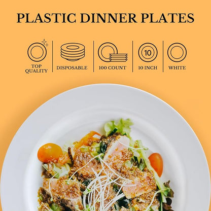 FOCUSLINE 100 Count White Plastic Plates 10 Inch, Disposable Heavy Duty Dinner - Image 4