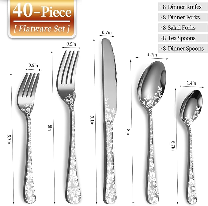 40 Piece Silverware Set, Stainless Steel Flatware Cutlery Set Service - Image 2